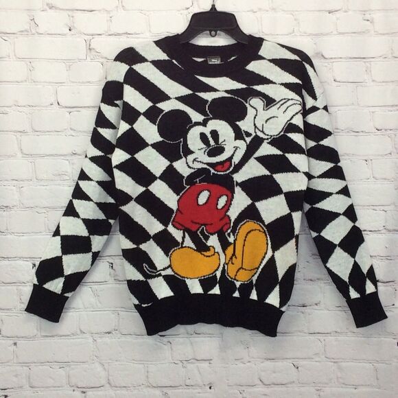Disney Mickey Mouse Graphic Sweater Women's Size XS Black/White Check Pullover - Picture 1 of 10